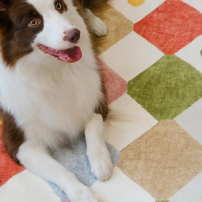 jinchan Macy 8x10 Kids Area Rug for Classroom Modern Colorful Nursery Rug Checkered Diamond Play Mat Washable Soft Non Slip Carpet for Playroom Living Room Bedroom Daycare Circus on Cream