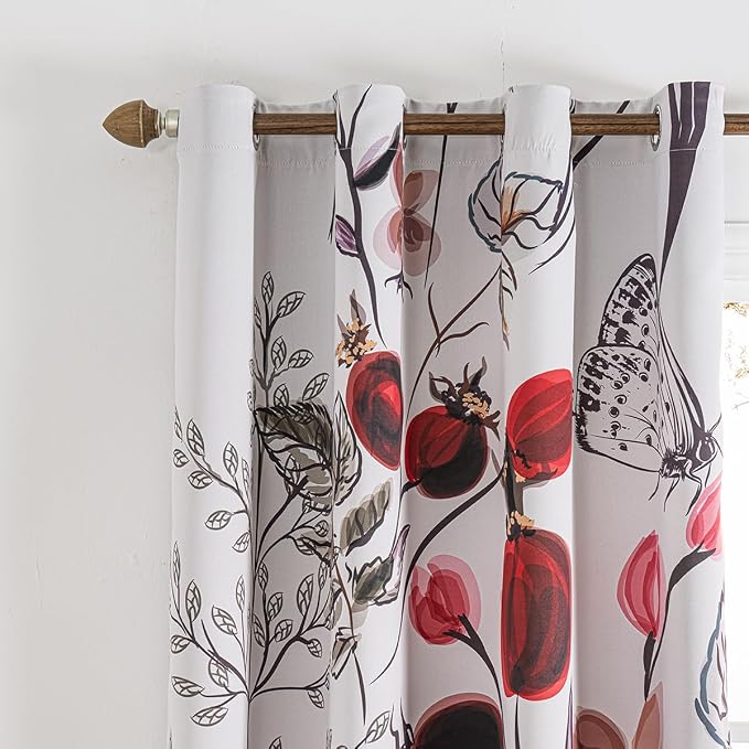 Boho Floral Blackout Curtains 84 inch long 2 Panels Set Rustic Vintage Flowers Plant Red Fruit and Butterfly Patterned Curtains Thermal Insulated Darkening Window Drapes for Bedroom Living Room 42x84