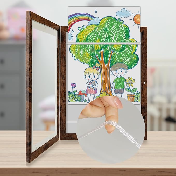 Kids Art Frames 9x12 - Front Opening Childrens Picture Frame Changeable, Wood Artwork Display Storage for Wall Mount, Magnetic Door Holds 50 Art Pieces for Drawings, 3D Picture, Crafts, Portfolio, Dark Brown