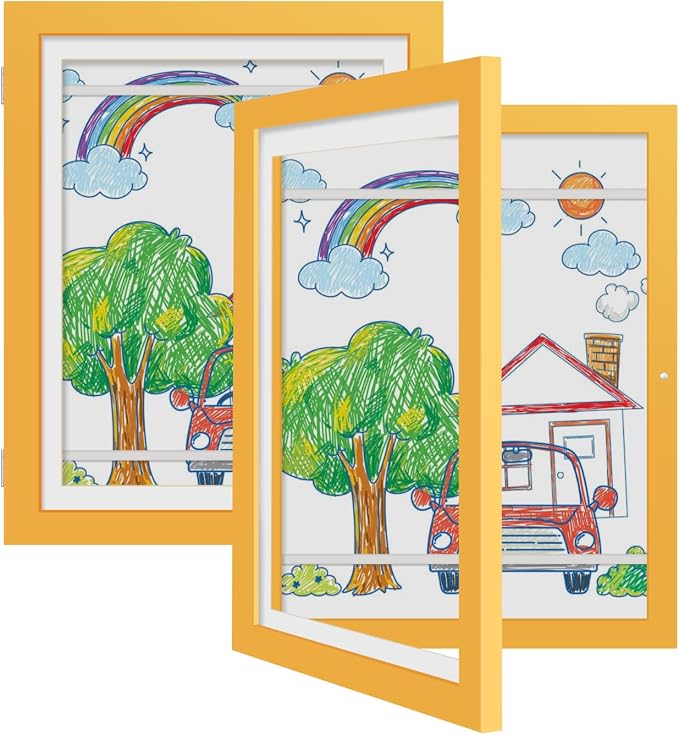 Kids Art Frames 8.5x11 Set of 2 - Front Opening Childrens Picture Frame Changeable, Wood Artwork Display Storage for Wall Mount, Magnetic Door Holds 50 Art Pieces for Drawings, 3D Picture, Crafts, Portfolio, Yellow