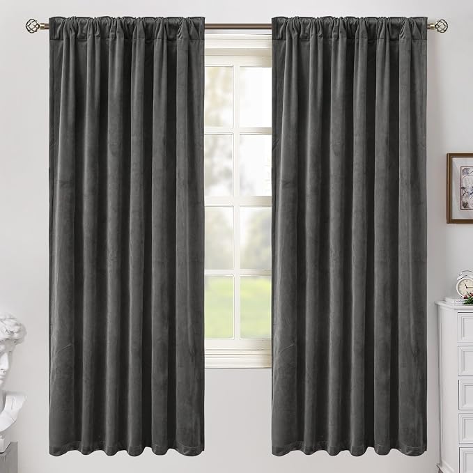 BGment Grey Velvet Blackout Curtains 72 Inch Length for Bedroom, Thermal Insulated Room Darkening Super Soft Window Curtains with Back Tab and Rod Pocket for Living Room, 2 Panels, 52 x 72 Inch