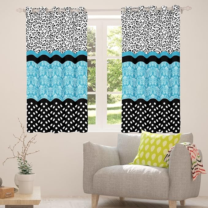 Leopard Print Window Curtains 52"Wx84"L Teal Boho Paisley Cheetah Curtains Black White Polk Dots Leopard Window Drapes 2 Panels For Kids Boys Girls Bedroom Decor,Bohemian Floral Window Treatments