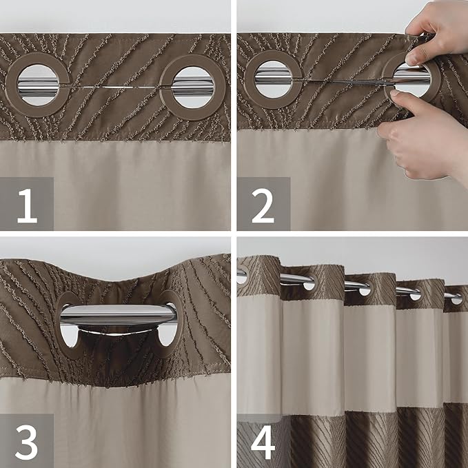 eachope no Hook Shower Curtain and Liner Set，Boho Style with See Through Top Window, Brown Fabric Tufted Striped Textured Outer Curtain & Waterproof Inner Liner, Brown, 71Wx86H