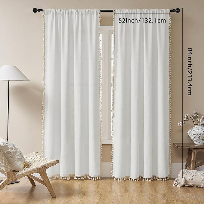Joydeco Custom Boho Curtains 1 Panel, Boho Curtains for Bedroom Living Room, Super Soft Light Filtering Country Rustic Semi Sheer Farmhouse Curtains Rod Pocket (Custom, White)