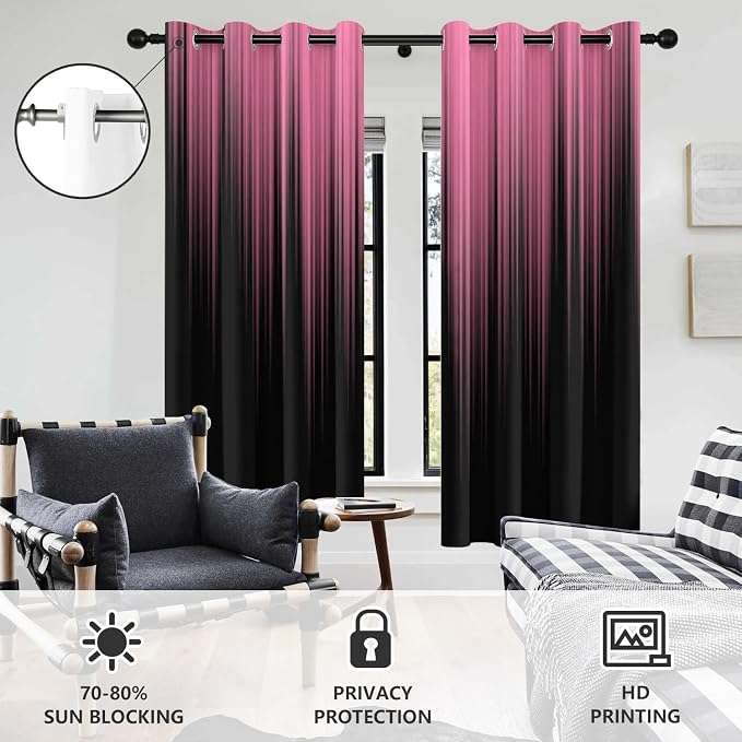 AAtter Pink Black Window Curtains, Room Darkening, Grommet 42" W x 63" L | Gothic Striped Ombre Drapes, Cute Girls Preppy High Precision Fabric, 2 Panels Abstract Modern Bedroom Decor for Women