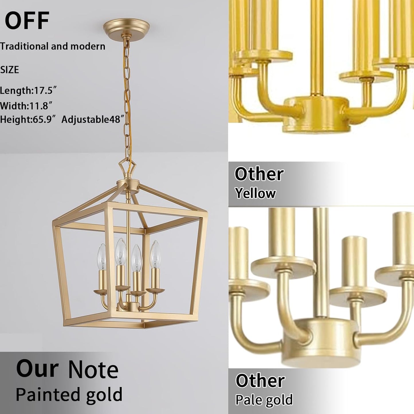 AMZASA Gold Lantern Chandelier Hanging Pendant Light Fixture 4-Lights for Kitchen Island Dining Room Hallway Entryway Foyer UL Listed