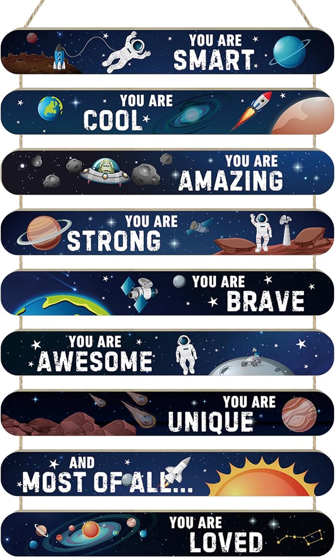 MONALET Space Astronomy Astronaut Inspirational Wall Decor for Boys Kids Room Classroom Playroom Nursery Office, You Are Loved Hanging Wooden Signs, Spaceman Wall Art Wood Plaque 9Pcs 12x19
