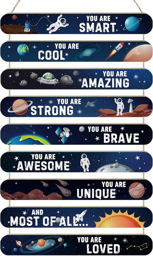 MONALET Space Astronomy Astronaut Inspirational Wall Decor for Boys Kids Room Classroom Playroom Nursery Office, You Are Loved Hanging Wooden Signs, Spaceman Wall Art Wood Plaque 9Pcs 12x19