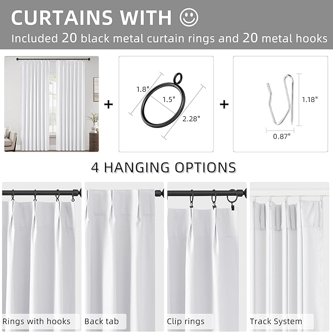White Pinch Pleated Curtains Full Blackout Linen Curtain Thermal Insulated Window Curtains 80 inch for Living Room Bedroom Room Darkening Pinch Pleat Drapes with Hooks Back Tab 2 Panels 40" Wx80" L