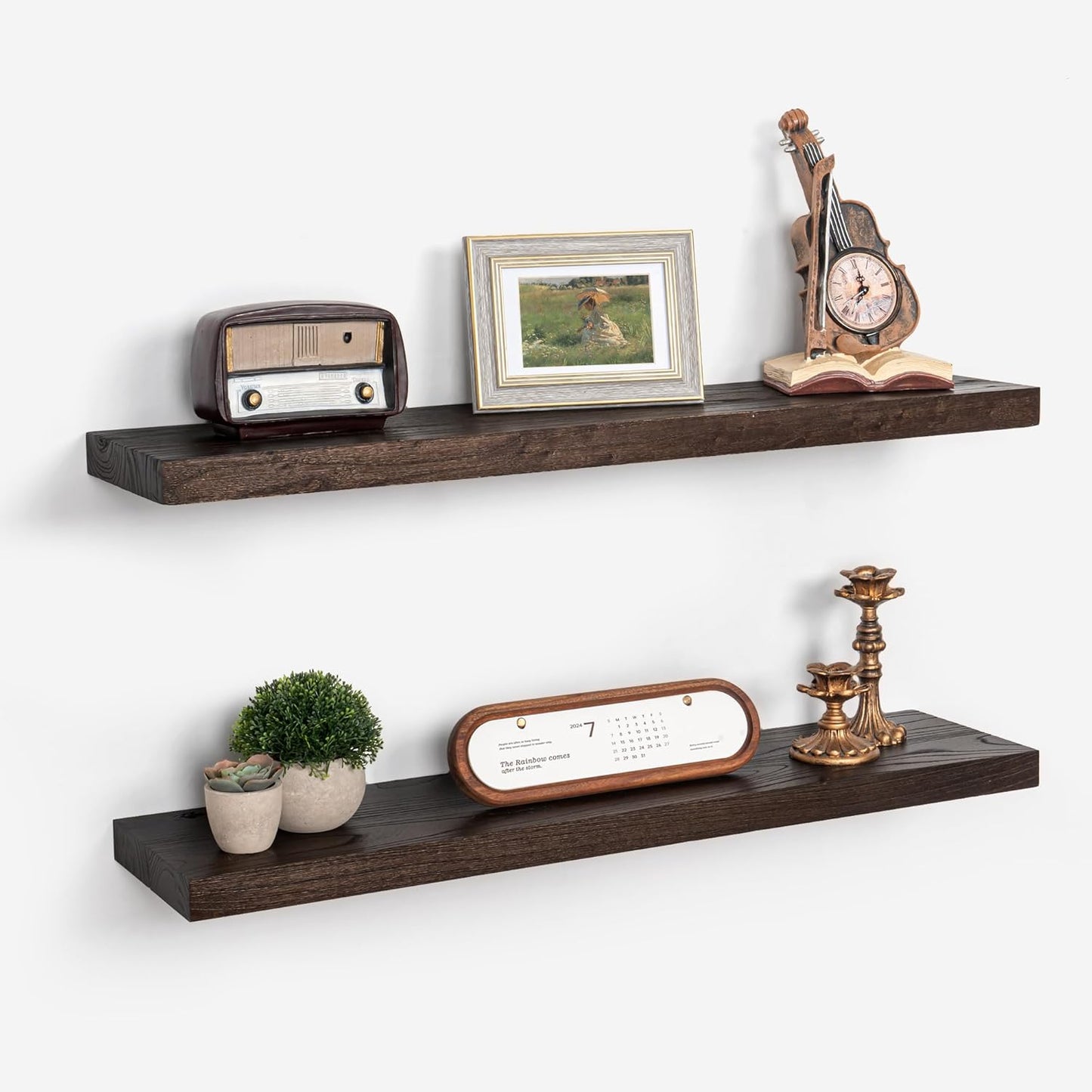 Axeman Floating Shelves for Wall - 32''W x 8'' D Rustic Solid Elm Wood Shelves for Storage, Wall Mounted Display Shelving with Invisible Heavy-Duty Metal Bracket (Walnut, 2PCs)