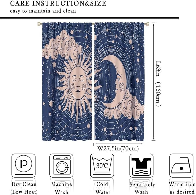 Sun Moon Blackout Windows Curtains, Boho Celestial Bodies Gold Sun Moon and Stars Pattern Window Drapes, for Living Room Bedroom 55x63in 2 Panels