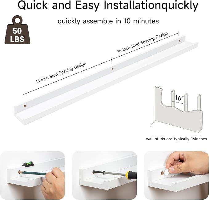 Fun Memories Picture Ledge Shelf, 32 Inch Floating Shelves Set of 2, Large Nursery Book Shelves for Toys Storage, Kids Bookshelf Wall Mounted for Wall Decor Books Photo Frames, White