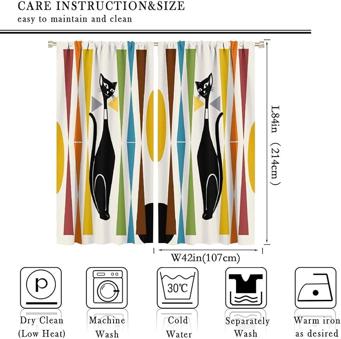 JESTRONRY Mid Century Style Curtains,Black Cat Modern Abstract Geometric Vintage Colorful Shape Pattern Theme Home Fabric Living Room Bedroom Kitchen Bathroom Decor 84x84in