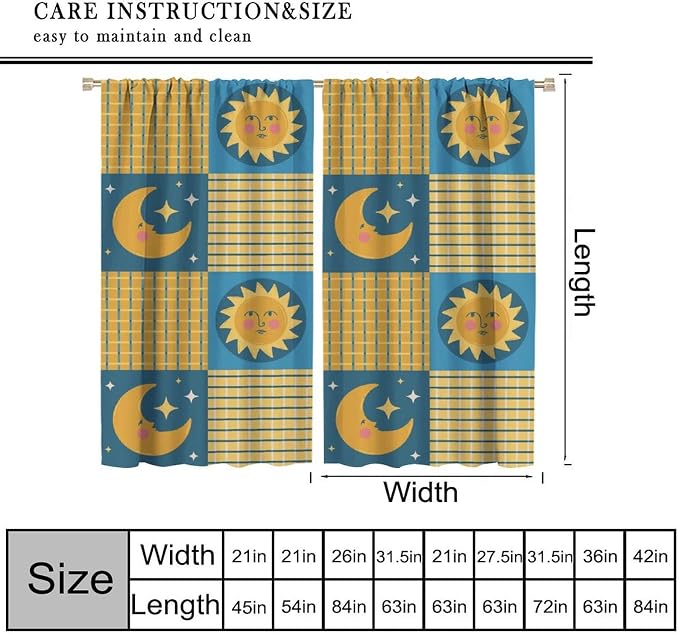 Retro Bohemian Plaid Blackout Curtains, Boho Sun Moon Stars Art Rustic Farmhouse Window Drapes, for Living Room Bedroom 55" W X 63" L