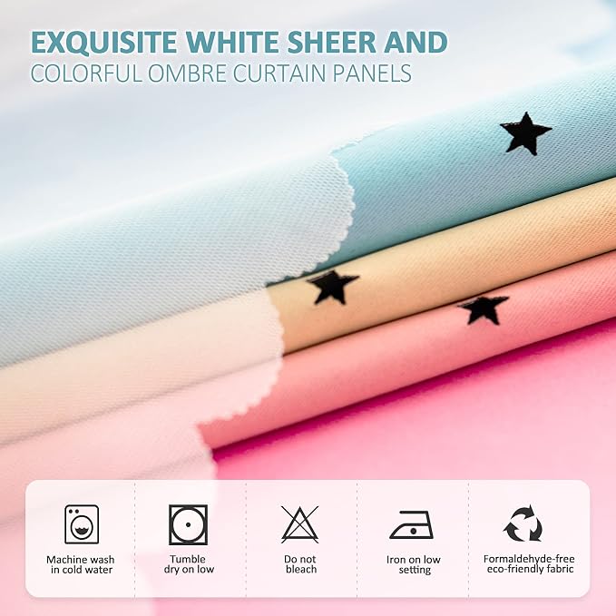 Stiio Girls Star Cutout Curtains 2 Panels, Room Darkening Blackout Curtains with Sheer Princess Yellow Pink Ombre Stripe Window Curtains for Nursery Home Decor, W52 x L95 inches