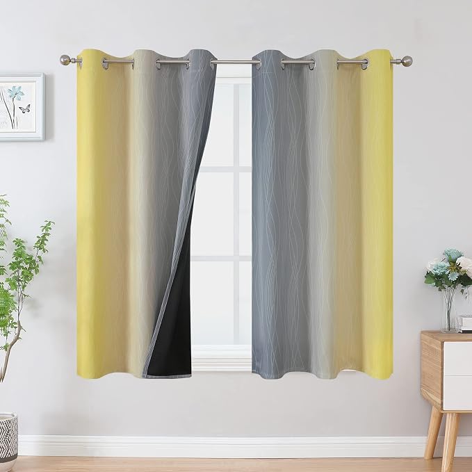 Estelar Textiler Yellow and Grey Blackout Curtains 54 Inch Length, Light Blocking Gradient Drapes for Bedroom, Room Darkening Thermal Insulated Grommet Ombre Curtains for Bathroom,42Wx54L,2 Panels