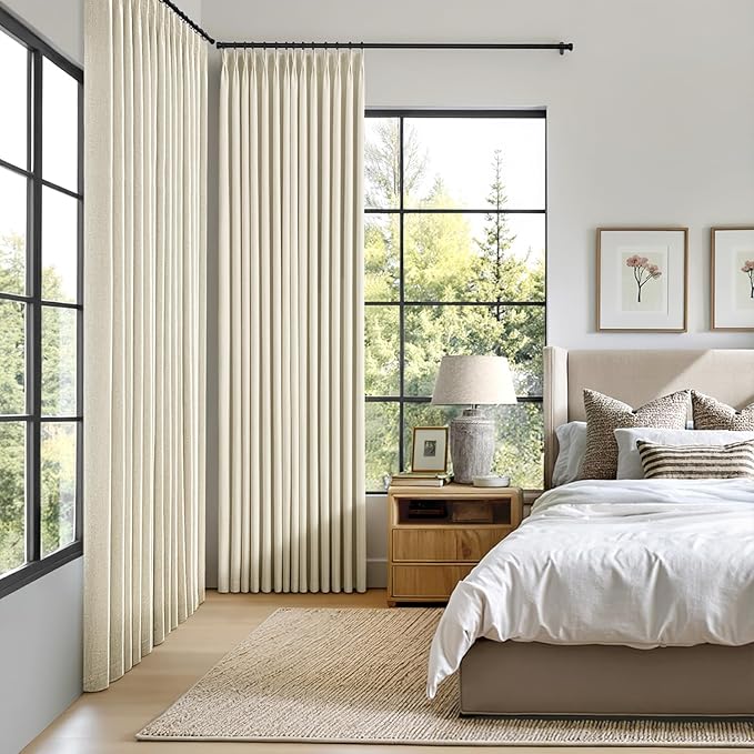 MIULEE Cream Pinch Pleated 100% Blackout Linen Curtains for Bedroom, Room Darkening Memory Trained Light Blocking Window Curtains 96 inches Long for Living Room, Black Out Pleat Drapes, 2 Panels