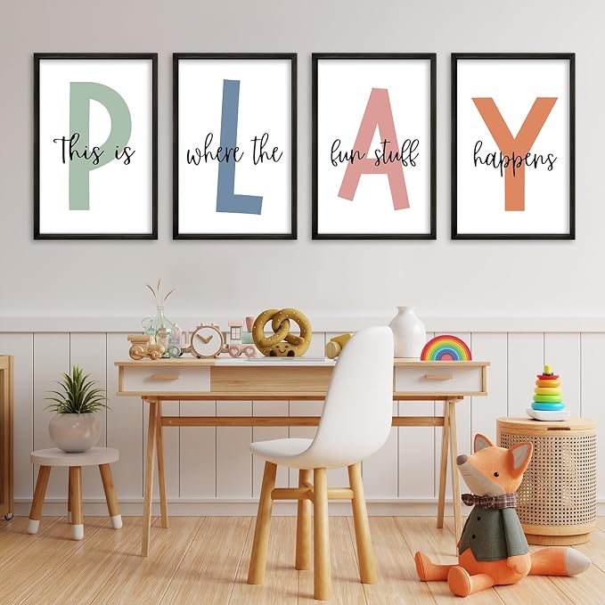 This Is Where Fun Stuff Happens Kids Playroom Wall Decor PLAY Quote Art | Motivational Prints for Nursery, Black Wood Frame, Set of 4, 16x24 Inches , Let's Play Sign for Toddler Boys, Ready to Hang