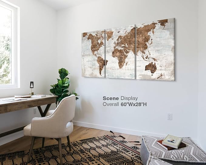 Office Wall Art Canvas World Map Motivational Living Room Pictures | Large Framed Vintage Wall Decor for Men Women Bedroom Home Travel Global Brown Artwork