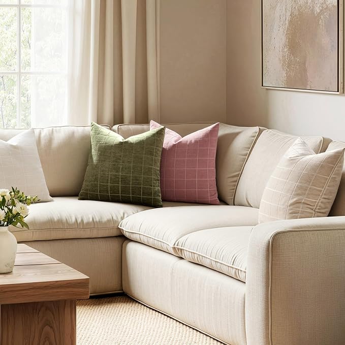 MIULEE Olive Green Plaid Decorative Throw Pillow Covers 18x18 Set of 2 | Vintage Check Chenille Couch Pillows Neutral Boho Farmhouse Cushion Covers Modern Home Decor for Sofa Bed Living Room