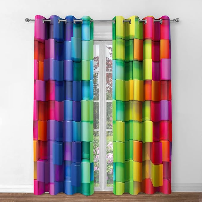Jekeno Colorful Rainbow Blackout Curtains Colored 3D Looking Brick Block Contour Display Geometric Artisan Decor Home Bedroom Living Room Grommet Window Drapes 2 Panel Set, 42"x63"