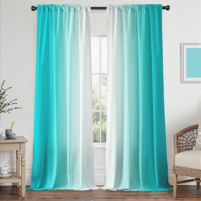 Turquoise Curtains for Living Room 84 Inch Length Teal Ombre Curtains 2 Panel Bedroom Turquoise Ombre Light Filtering Window Curtain Modern Gradient Drapes