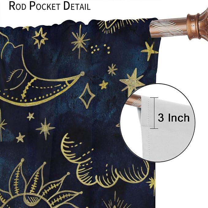 Boho Sun Moon Blackout Window Curtains, Bohemia Theme Sun Moon Stars Print Pattern Rod Pocket Window Drapes, for Living Room Bedroom 63x63in 2 Panels