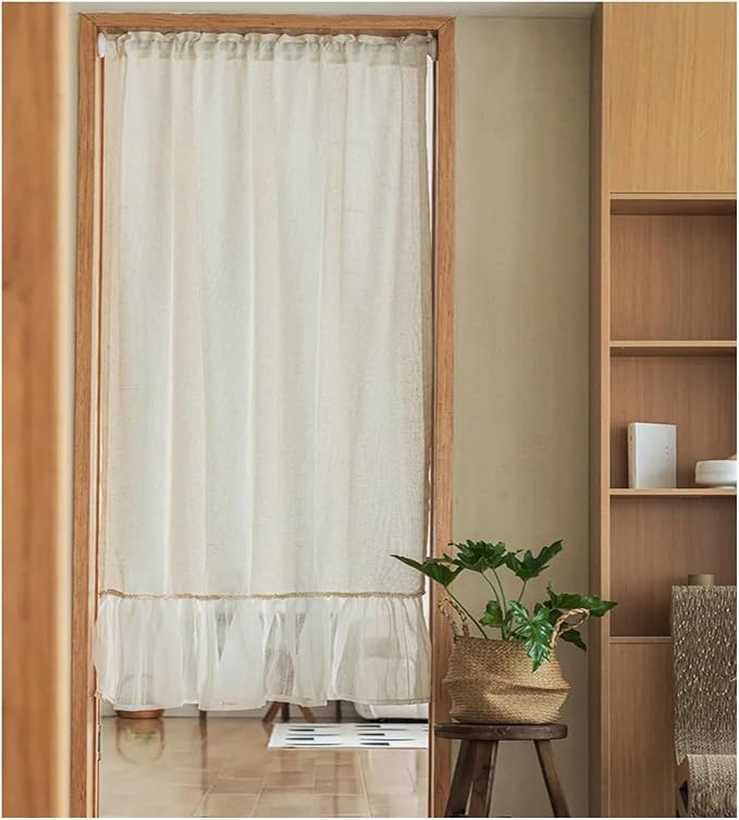 Modern Farmhouse Cotton Linen Curtain Country Ruffle Cafe Semi-Transparent Small Tier Decor(W60xH90cm)