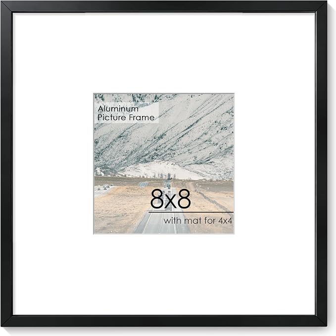 8x8 Square Picture Frame for 4x4 Photo, Minimalist Aluminum Frame, Black | Sleek Black Square Frame with 4x4 Opening for Wall Display, Tabletop, or Gallery Wall | Wall Kit Included