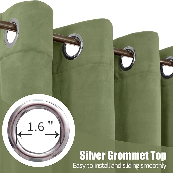 YoungsTex 90 Inch Sage Green Velvet Blackout Curtains, Grommet Room Darkening Window Drapes Privacy Protection Floor Length for Bedroom, 2 Panels, 52 X 90 Inch
