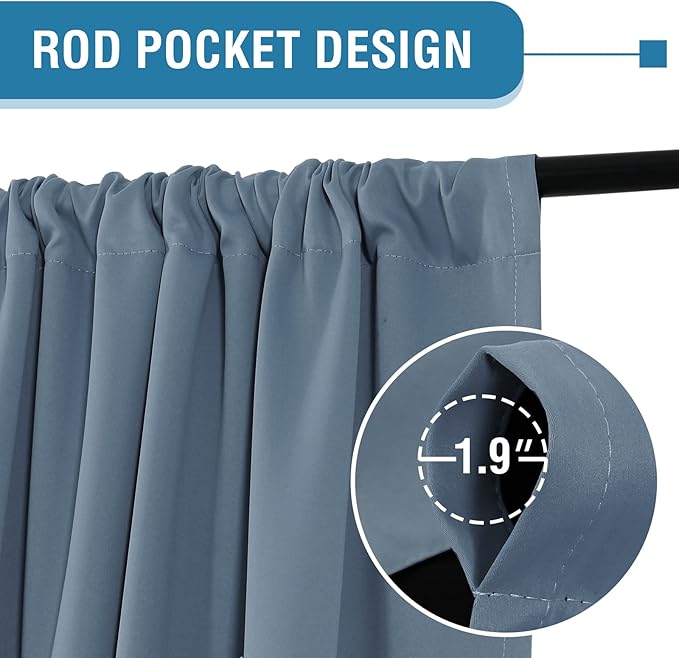 H.VERSAILTEX 100% Blackout Curtains for Bedroom Thermal Insulated Blackout Curtains for Living Room 63 Inches Long Rod Pocket Curtains with Black Liner 2 Panels Set, Stone Blue