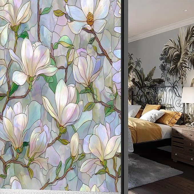 Vintage Magnolia Flower Privacy Window Film, Elegant White Floral Frosted Self-Adhesive Vinyl Cling for Glass Doors Bathroom Windows Sun Blocking Heat Control, 23.6Wx35.4L inch