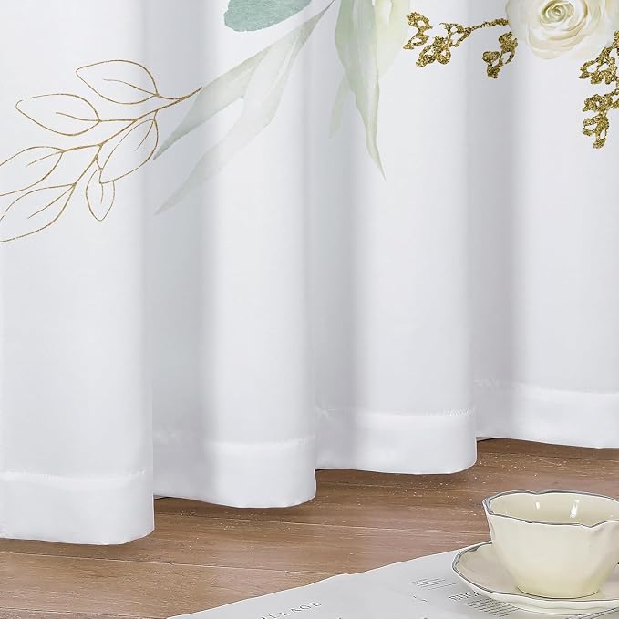 Green Eucalyptus Leaves Curtains 63 Inch Length 2 Panels, Elegant Wild Flower Floral Light Filtering Bedroom Living Room Kitchen Curtain for Small Window, Sage Green Drapes Rod Pockets, 42x63 Inches