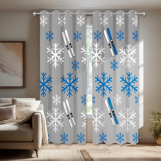 Shrahala Snowflakes Skis Thermal Insulated Blackout Window Curtains, Winter Sports Themed Pattern Long Drapes for Bedroom/Living Room with Plastic Grommet, 52X84 Set of 2