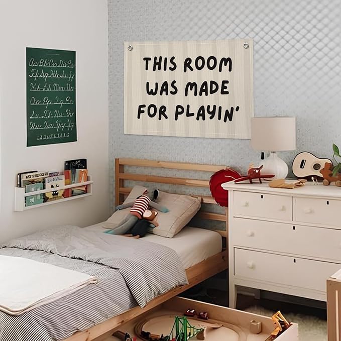 Playroom Decor Wall Banner "This Room Was Made For Playin'" 20x30 Inch - Nursery Canvas Art, Kids Bedroom Hanging, Linen Toddler Play Area Sign, Children's Canvas Flag Decor - Beige