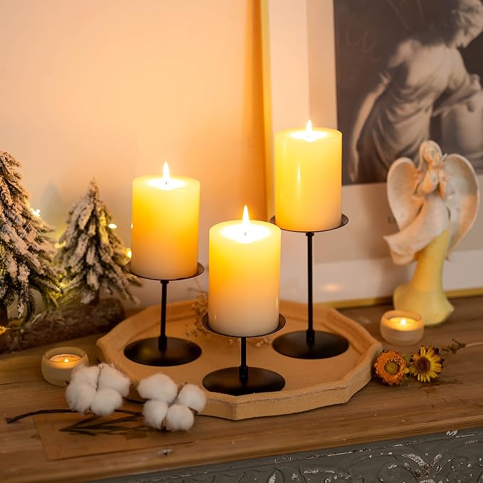 Pillar Candle Holders Candle Plates - Set of 6 Candelabra Candle Stand Iron Plate Minimalism Modern Home Mantel Dinning Table Halloween Decorations Centerpiece for Wedding, Party, Events, Black | Set of 6 Candle Stands in 2.4", 4", 5.8" Height; Minimal...