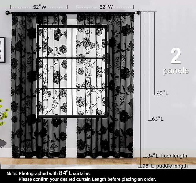 Treatmentex Black Lace Curtains 63inch Rose Floral and Leaf Sheer Decorative Window Curtains for Living-Room Bedroom Vintage Leaf Knitted Lace Sheer Curtain Panels 54" w 2pcs Rod Pocket