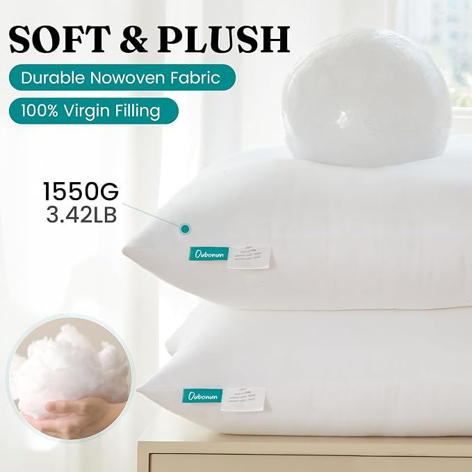Oubonun 30 x 30 Throw Pillow Inserts - Soft, Plush & Decorative Down Alternative Pillows for Couch Sofa Bed, Machine Washable - White, Pack of 2