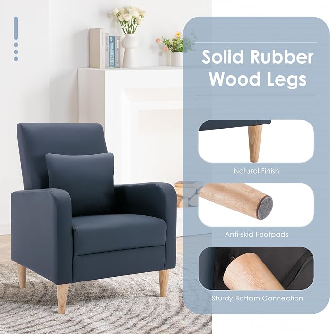 COLAMY Mid-Century Modern Accent Chair, Faux Leather Upholstered Living Room Chair with Back Pillow & Solid Wood Legs, Comfy Armchair for Living Room, Bedroom, Single Sofa, Dark Blue