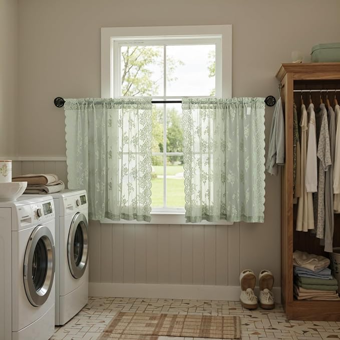 Kotile Sage Green Sheer Curtains 36 Inch Length 2 Panels, Country Rustic Floral Design Spring Short Sheer Curtains for Windows, Rod Pocket Privacy Lace Cafe Curtains, 42 x 36 Inch Each, Sage Green