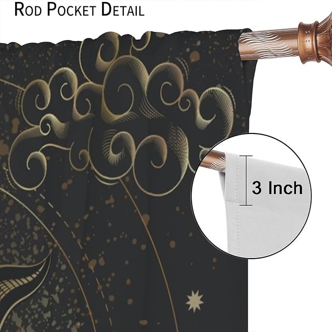 Sun Moon Blackout Curtains, Abstract Golden Stars Mystic Celestial Universe Starry Sky Boho Art Vintage Retro Window Drapes, for Bedroom Living Room 42" W X 63" L