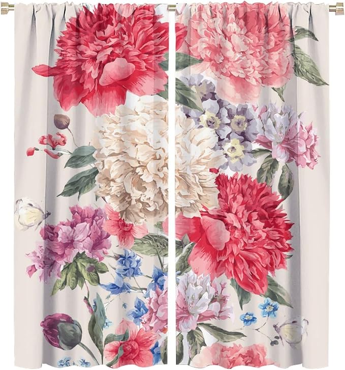 Floral Blackout Window Curtain Vintage Bouquet of Peony Wild Flowers Nature Botanical Leaf for Home Kitchen Livingroom Coffee Room Curtains Drapes 2 Panels 55x63in, Style-2