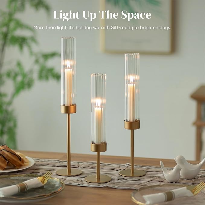 Glasseam Tapered Gold Candlestick Holders: 6 Pcs Tall Brass Taper Candle Holder with Ribbed Glass Cylinder - Hurricane Fluted Candle Holders for Table Centerpiece Wedding Party Christmas Decorations