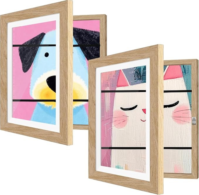 2 Pack Kids Art Frames 9x12 Inch Kids Artwork Flip Frame Changeable for Picture Display, Children School Drawing Projects Storage, Horizontally Vertically Wall Hanging, Front Opening, Wood
