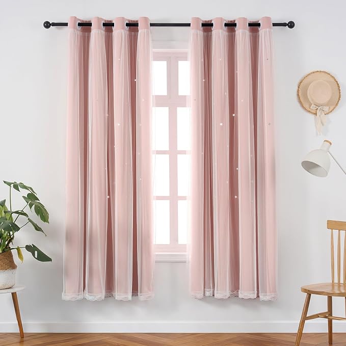 Pink Curtains Cute Blackout Curtains for Girls Bedroom 54 Inches Short 2 Panels Star Cutout Nursery Curtains & Drapes Double Layer with Sheer Overlay Light Blush Room Decor 54 Inch Length
