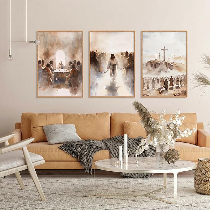 LHIUEM Large Jesus Neutral Framed Canvas Wall Art Set,Christ Church Wall Decor,Christian Bible Story Religious Easter Last Supper Artwork for Living Room,Churches,Prayer Room Decor- 16''x24''x3