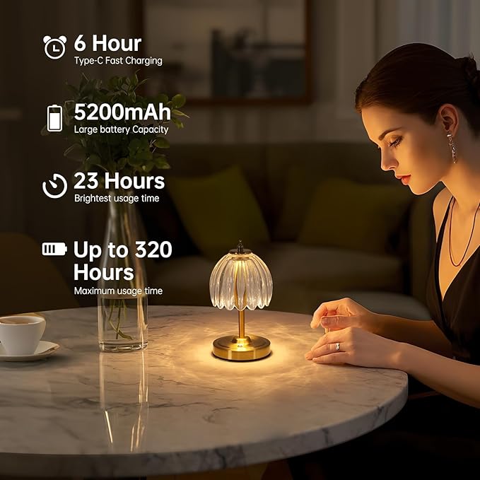 Shenmoyl Tulip Small Table Lamp, 5200mAh Cordless Touch Control Mini Table Lamp with 3 Color Temps & Stepless Dimming, Perfect for Small Spaces like Dressers, Bedsides, Bookshelves (Transparent Tulip)