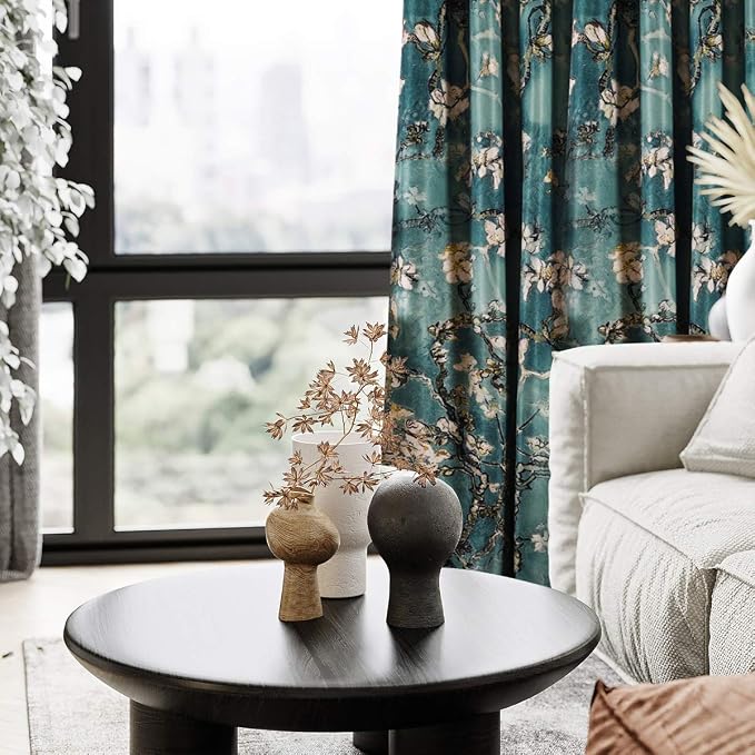 Taisier Home Chinese Style Plum Blossom Curtain Green Artistic Print Curtains 84 Inches Long for Living Room,Personalized Pattern Curtains Bedroom Window Treatment Curtains 2 Panels Set