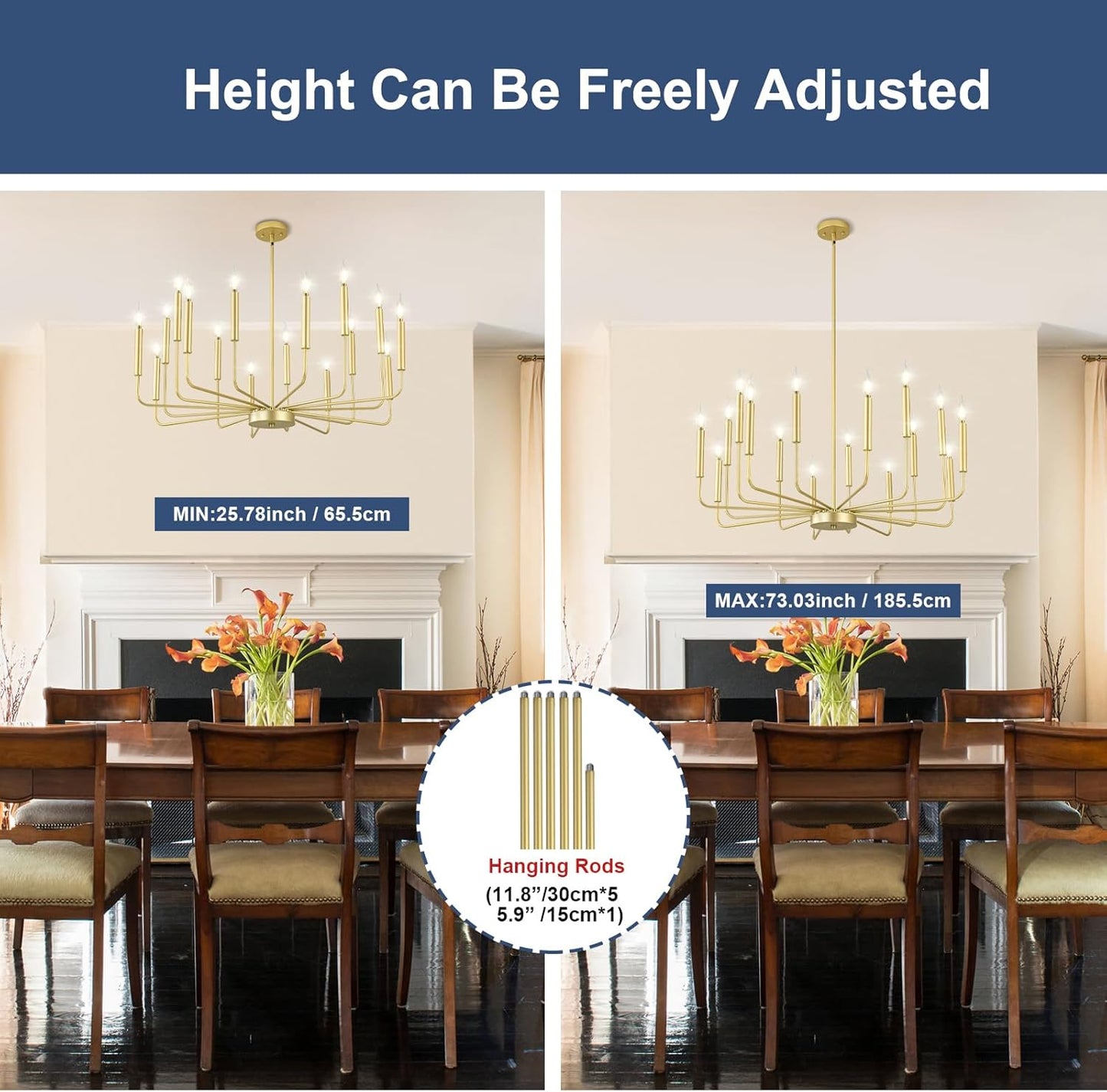 Modern Gold Farmhouse Chandeliers, 16-Light Industrial Metal Chandelier Lighting, Classic Candle Hanging Pendant Light Fixtures for Kitchen Island, Living Room, Dining Room, Stair