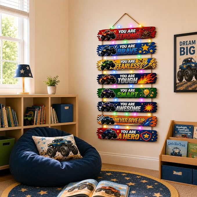 Cool Monster Truck Room Decor Set of 8 with Led Light for Teen Boys Kids Toddler, Inspirational Race Car Wood Sign Nursery Wall Decor for Bedroom, Truck Lamp Wall Decor Art